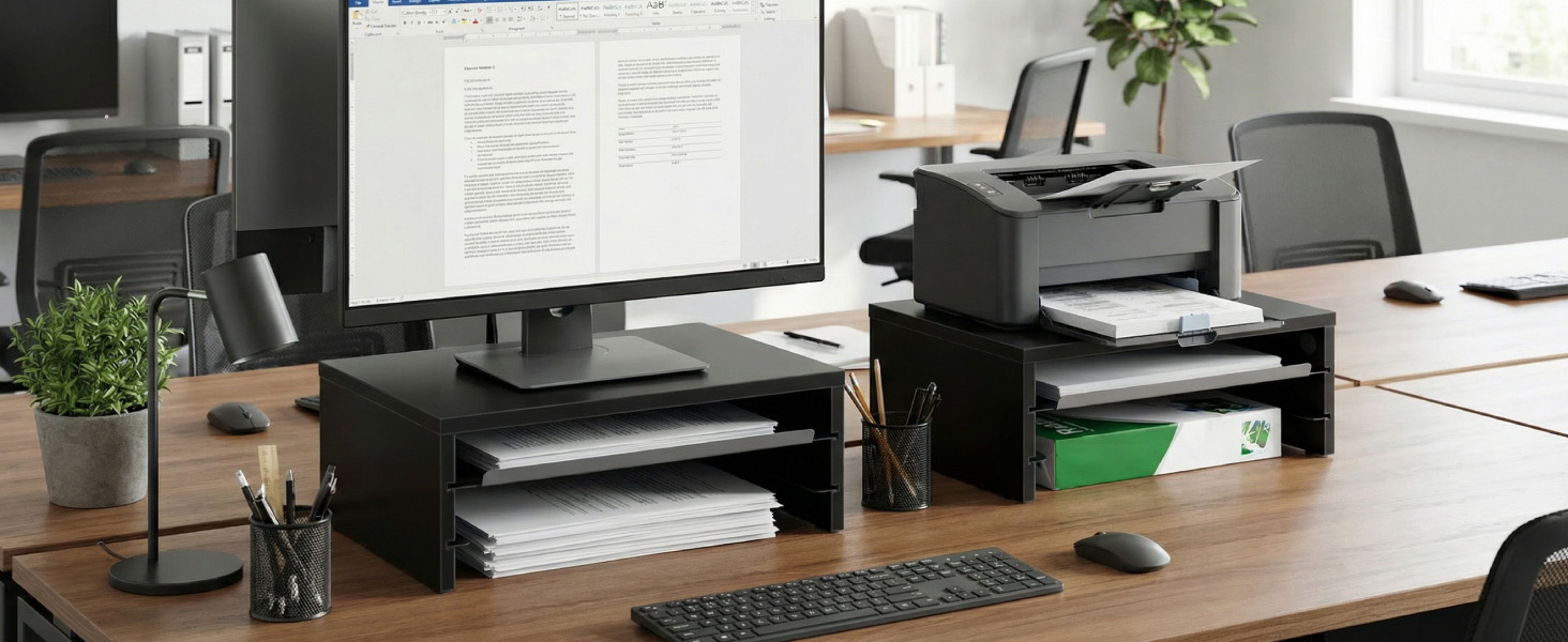 monitor stand elevates the monitor, relieving neck fatigue.