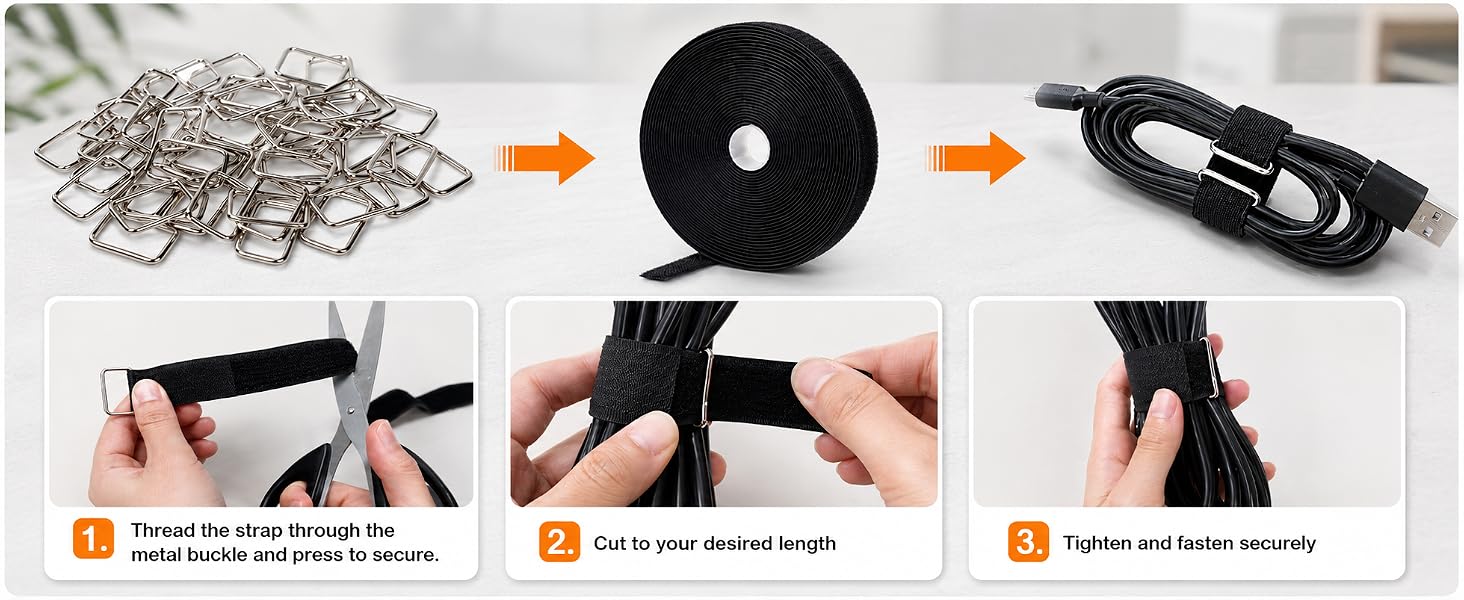 3-step usage guide for hook and loop cable straps with metal buckles