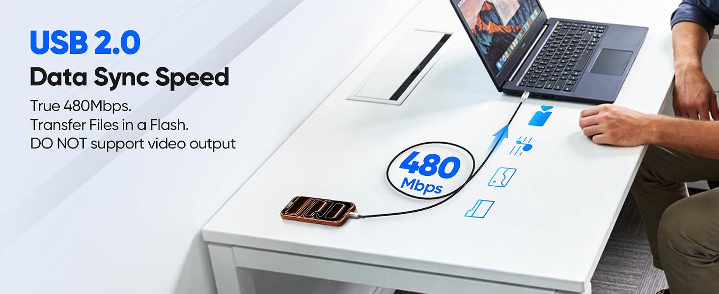 USB-C cable with 480Mbps high speed data transfer, fast charge & quick file sync for Type-C phones