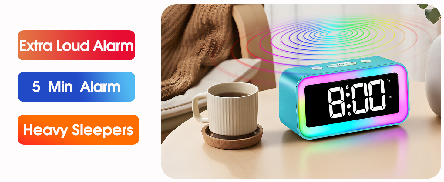 100dB extra loud alarm clock for heavy sleepers 5 minute continuous ring 9 minute snooze
