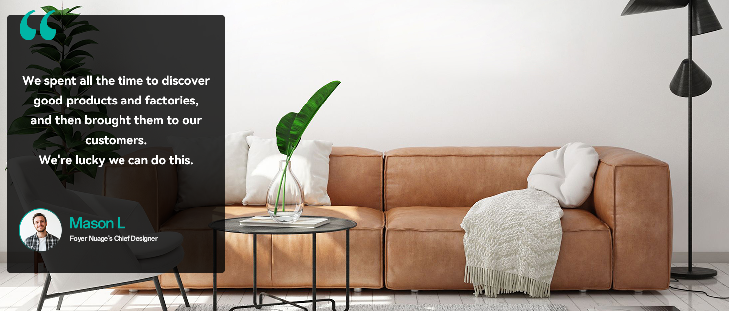 Modern living room setting with tan leather couch, round coffee table, black floor lamp, and green plant. White throw blanket draped over couch arm.