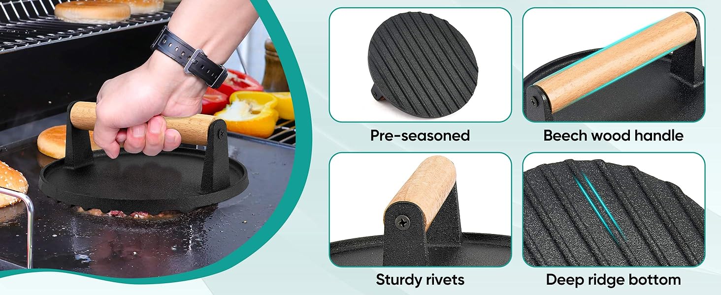 Round bacon press is made of heavy duty cast iron and coated with pre-seasoned vegetable oil