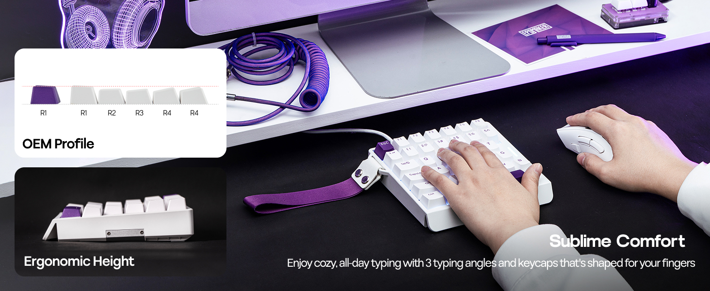 Text reads 'OEM Profile', 'Supreme Comfort', 'Ergonomic height'. Purple-tinted product demonstration images showing keyboard and hand positioning.