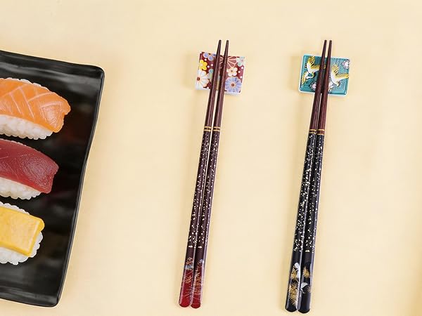 Reusable Wooden Chopsticks Set with Ceramic Rests