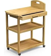 FoverOne Bamboo Kitchen Storage Cart, 3 Tier Rolling Cart, Mobile Utility Cart Trolley with Drawe...