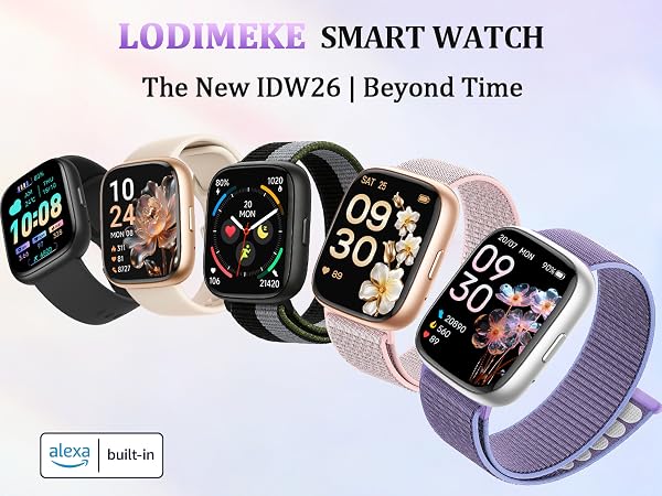 Text reads 'LODIMERE SMART WATCH' and 'The New IS Watch Beyond Time'. Multiple views of smartwatch with curved display and various band colors including purple and rose gold.