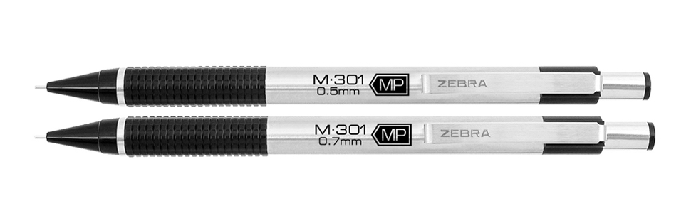 Zebra Pen M-301 mechanical pencil close up image of both sizes, 0.7mm and 0.5mm point size
