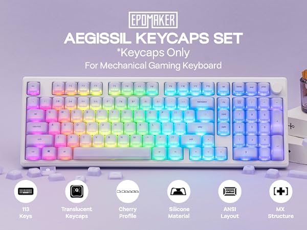 Text reads 'AEGISSL KEYCAPS SET For Mechanical Gaming Keyboard'. RGB backlit mechanical keyboard with rainbow gradient keycaps and function icons displayed below.
