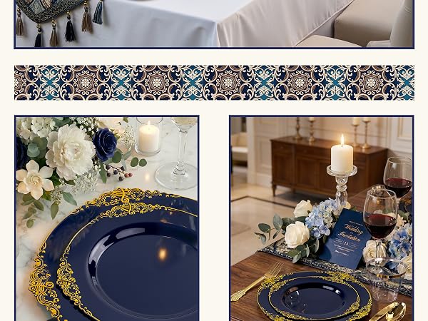 blue and gold plates