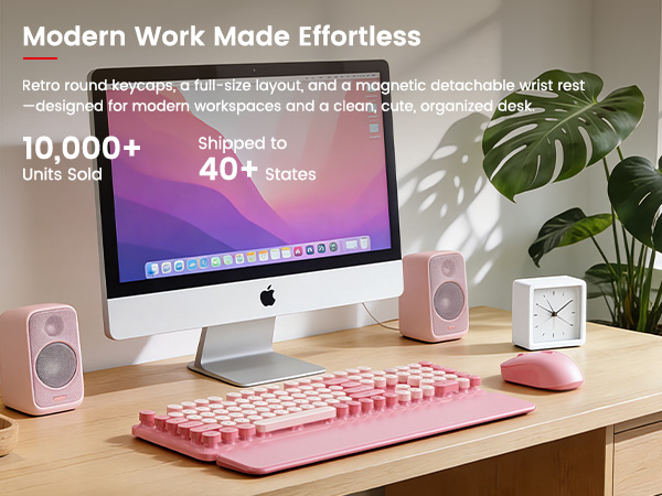 Blush Pink retro round-keycap wireless keyboard mouse with magnetic wrist rest on tidy desk