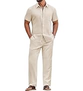 COOFANDY Mens 2 Piece Sets Summer Outfits Short Sleeve Button Down Shirt Loose Pant Sets Beach Va...