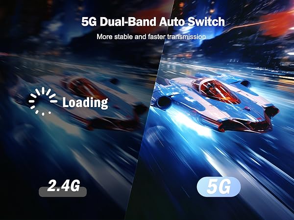 Split image comparing 2.4G and 5G networks, showcasing 5G Dual-Band Auto Switch technology for more stable and faster transmission in a racing game context.