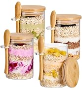 4 Pack Overnight Oats Containers with Bamboo Lids and Spoons - 22 oz Airtight Glass Jars with Lid...