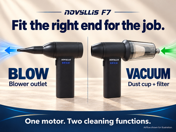 2-in-1 air duster and mini vacuum showing blower nozzle and vacuum dust cup with filter