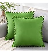 Top Finel Spring Decorative Throw Pillow Covers 16x16 Set of 2, Apple Green Pom Poms Pillow Cover...