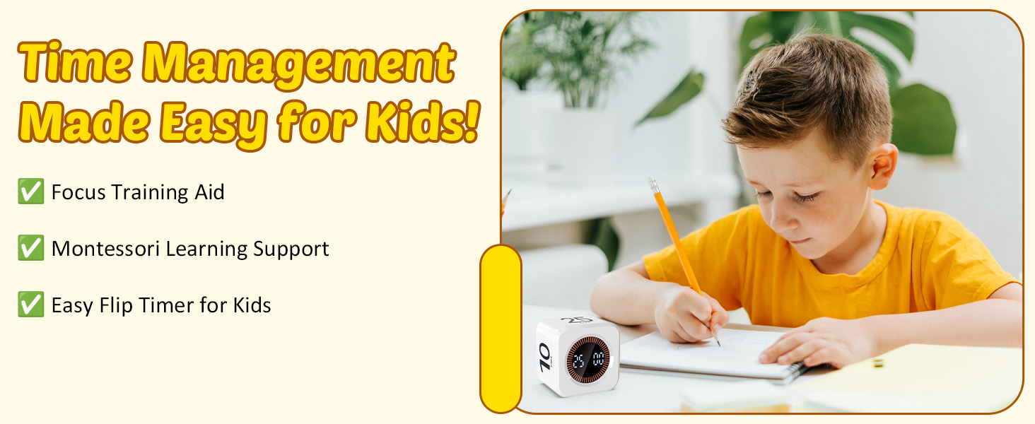 Text reads: 'Time Management Made Easy for Kids!' with checkmark list: 'Hour Tracking Kit', 'Real-time Learning Support', 'Easy Tips Timer for Kids'. Shows study scene.