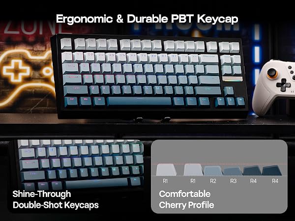 Text reads 'Ergonomic & Durable PBT Keycap', 'Shine-Through Double-Shot Keycaps', 'Comfortable Cherry Profile'. Gaming keyboard with backlit blue keycaps shown in dark setting with neon signs.