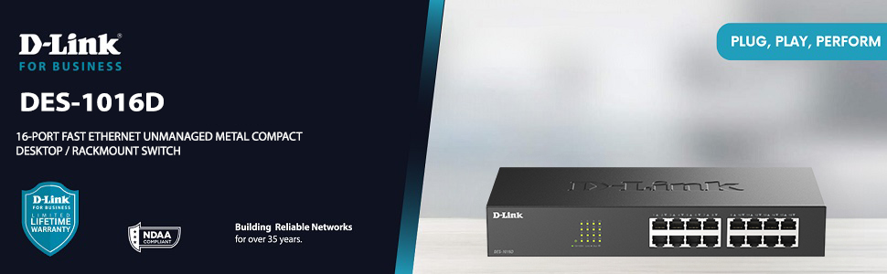 D-Link 16 Port Fast Ethernet Unmanaged Metal Compact Desktop or Rackmount Switch