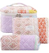 Hatende 3Pcs Cotton Quilted Makeup Bag Set,Large Floral Cosmetic Bag,Aesthetic Toiletry Travel Ma...