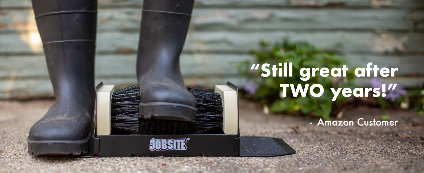 A scrubber in use next to a garage. Text reads "still great after two years. - customer"