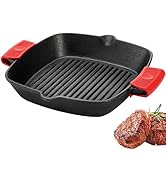 ZOOFOX Cast Iron Grill Pan, 10" Square Skillet with Easy Grease Drain Spout and Two Heat Insulate...