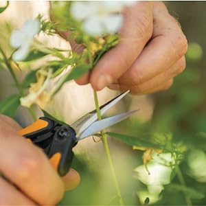 Close up of person's hands using Micro-Tip Pruning snips to prune flowers