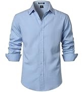 JEMITOP Men's Stretch Linen-Like Long Sleeve Button Down Shirts Casual Beach Wedding Dress Shirt