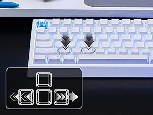 Close-up images of a white mechanical keyboard with backlit keys, focusing on directional arrow key configurations and key layout details.