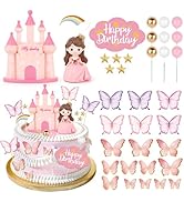 Hooqict 33PCS Princess Cake Decorations Set with Butterflies, Balls, Castle Cake Toppers & Cupcak...