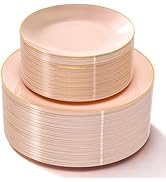 Lullaby 100PCS Pink and Gold Plastic Plates, Disposable Pink Plastic Plate with Gold Rim, 50PCS D...