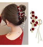 Red Rose Hair Clips for Women Girls, Metal Gold Flower Branch Hair Claw Clips with Pearl Tassel D...