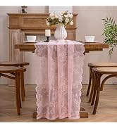 Winotic Pink Lace Table Runner with Floral Embroidered (1pcs, 28”x118”) | Wedding Decor, 10ft, Va...