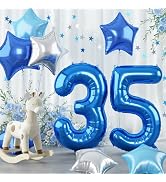 35th Birthday Balloon Decoration for Men, Big Self Inflating Dark Light Blue Silver Star Number 3...