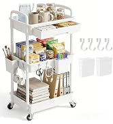 LLMRR 3 Tier Rolling Utility Cart with Drawer, Plastic Storage Organizer Rolling Carts with Wheel...