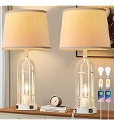 SRJJA Table Lamps for Living Room Set of 2 - Farmhouse Lamps for Night Stands with USB A+C, Bedsi...