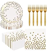 75PCS Paper Plates &Napkins Set- White& Gold Dot Disposable Dessert Plates 7INParty Plates 6.5IN ...