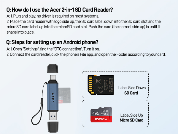 Instructional diagram showing card reader setup. Text shows 'How Do I use the Acer 2-in-1 SD Card Reader?' with step-by-step connection instructions and illustrations.