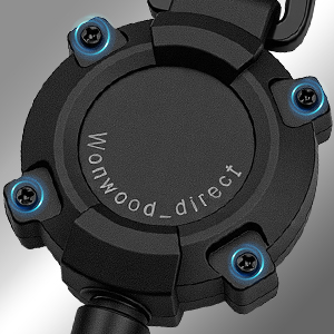 Close-up of a black circular device mount or connector with four blue screws positioned at quarter points around the circumference.