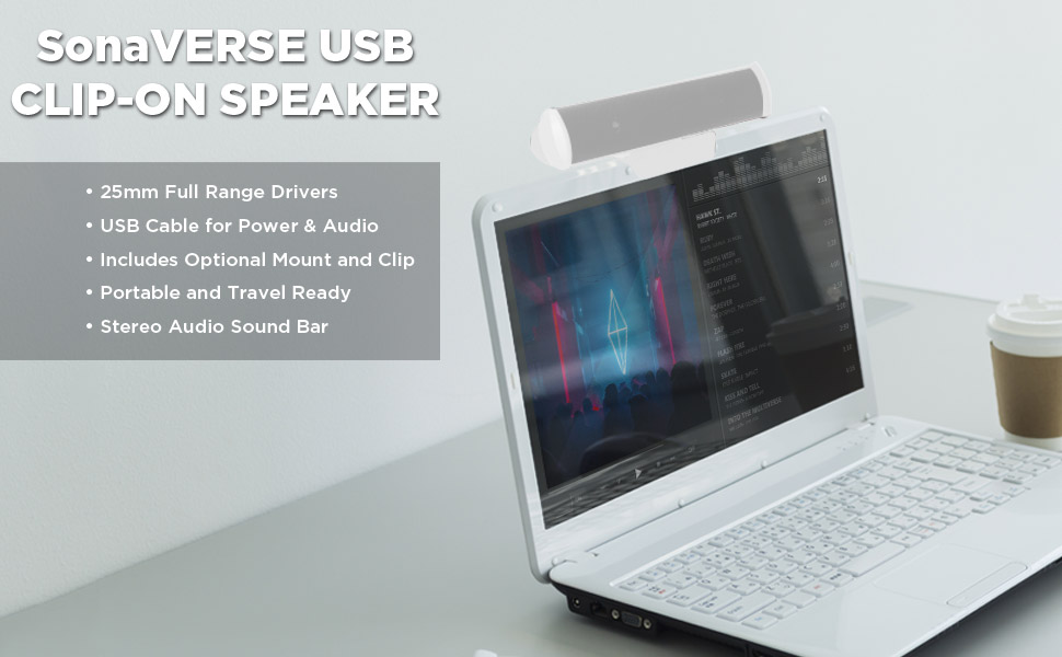 GOgroove SonaVERSE USB Laptop Clip On Speaker with USB Audio Input, Single Cord for Power and Sound