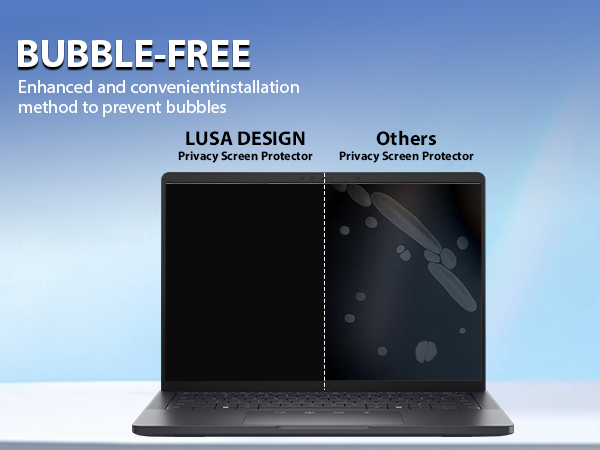 Text reads: 'BUBBLE-FREE' Multiple panels showing comparison between different screen protector application methods with emphasis on bubble-free results.