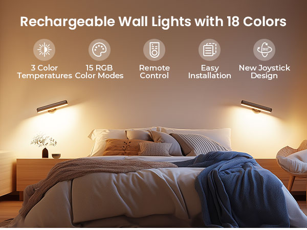 Cordless rechargeable wall sconces for bedroom reading with remote and no drill mount icons.