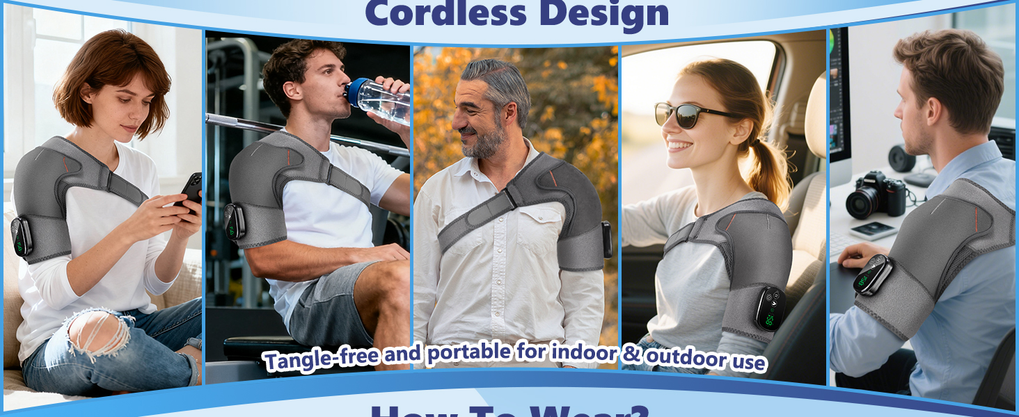 Cordless shoulder heating pad for indoor outdoor use - home office travel.