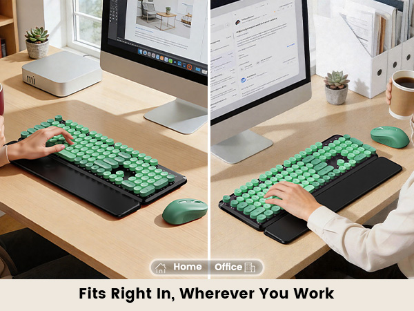 Green Black round-key keyboard and mouse with wrist rest used in home and office desk setups.