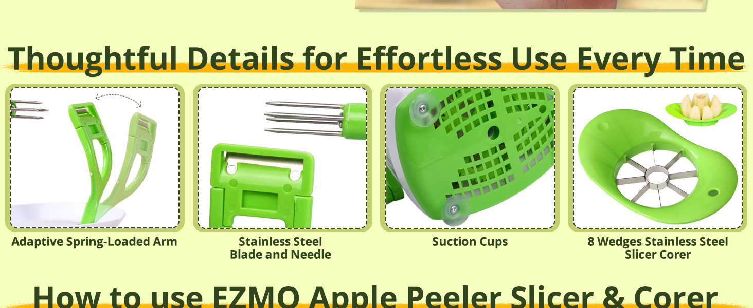 Adaptive spring-loaded arm, stainless steel blade&needle, suction cups, stainless steel slicer corer