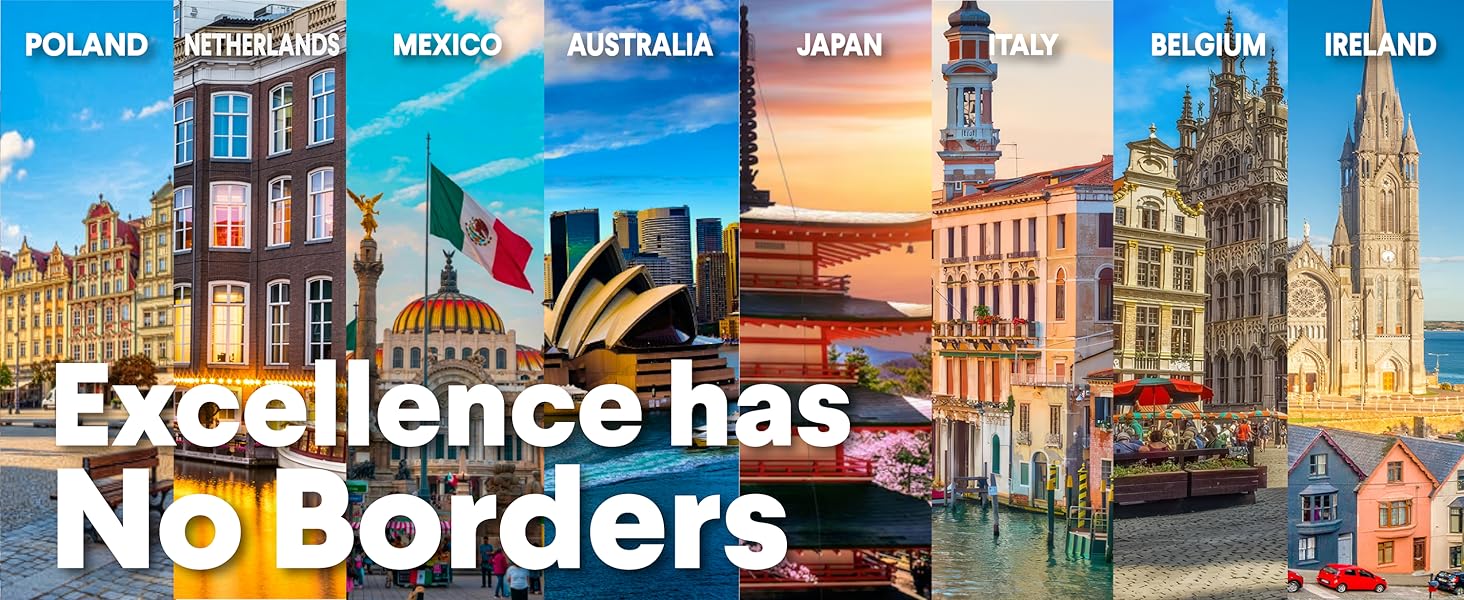 Landmark features different countires with text Excellence has No Borders
