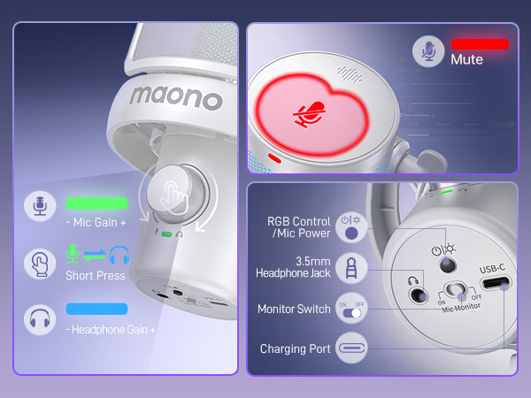 USB microphone with RGB lighting, featuring mute button, gain control, headphone jack, monitor switch, and charging port. Displays mic gain and headphone volume controls on digital interface.