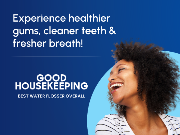 Woman smiling with text reading experience healthier gums, cleaner teeth, and fresher breath