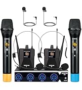 ZERFUN Pro Wireless Microphone System 4 Channel, UHF Metal Cordless Handheld Headset Lavalier Lap...