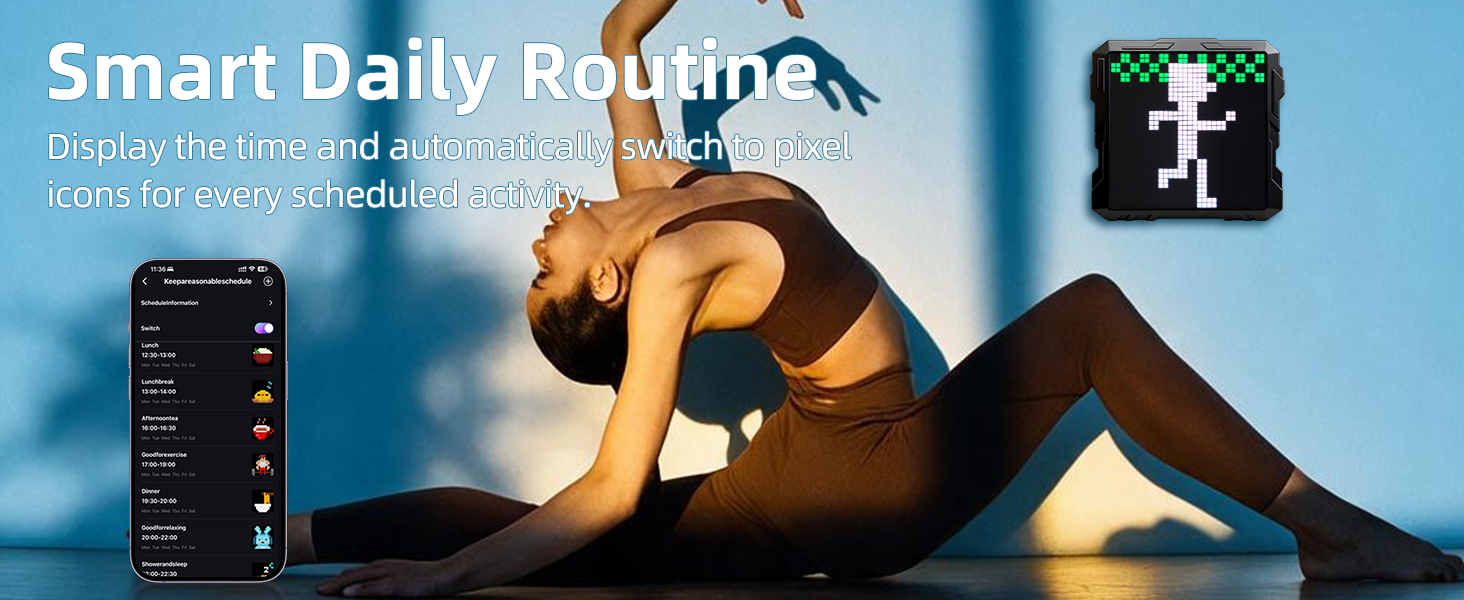 Text reads "Smart Daily Routine". Image shows a person in workout attire with a smart home control panel displaying device icons on the left side, illustrating connected home automation technology.