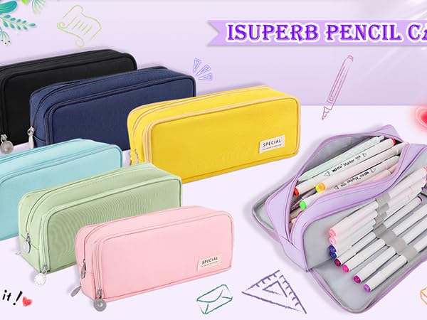 iSuperb Pencil Case 3 Compartments Pencil Pouch for Kids Teen Girls Boys Student
